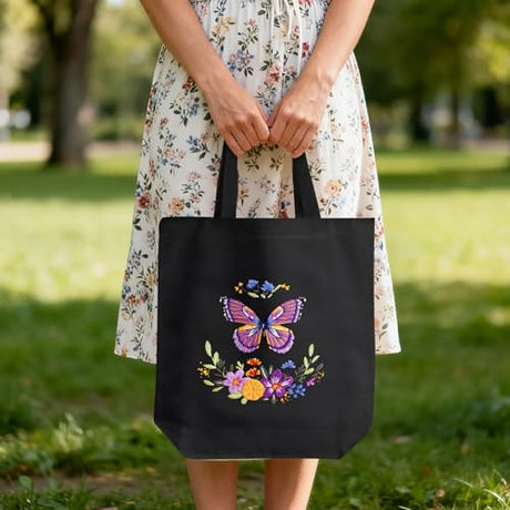 ERKOON Canvas Tote Bag Embroidery Kit for Beginners, Needlepoint Arts Crafts Cross Stitch Kits for Adults Including Stamped Embroidery Bag with Hoops, Needle, Instruction and Color Threads (Butterfly) ERKOON