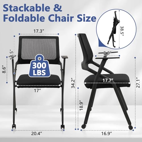 CLATINA Stackable Foldable Conference Room Chairs with Wheels, Portable Padded Office Desk Chair with Lumbar Support and Armrest for Training Room, Guest, Reception, Event, Black (8pk) CLATINA