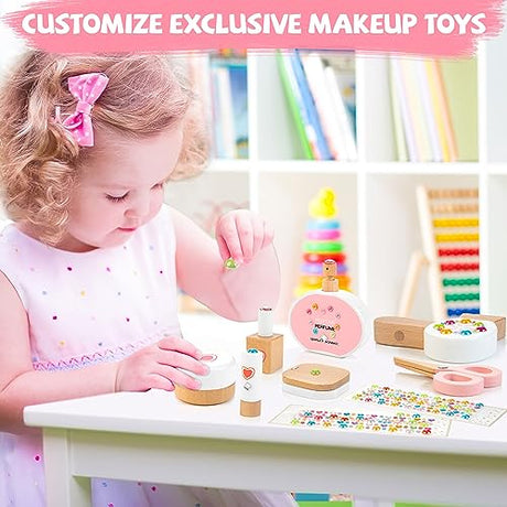 Amtreen Kids Makeup Kit for Girl, Pretend Play for Toddlers 3-5 Wooden Makeup Toy Set, 18 PCS Hair Salon Toys Gifts for 3 4 5 Year Old Amtreen