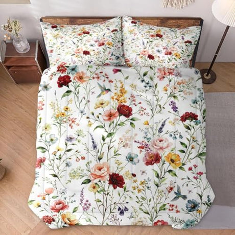 WeCozy Queen Size Comforter Set with 2 Pillowcases, Wildflower Flower Floral 3 Pcs Bedding for Kids and Adults, Boho Watercolor Butterfly Soft Comforter Set for Bedroom Bed Decor WeCozy