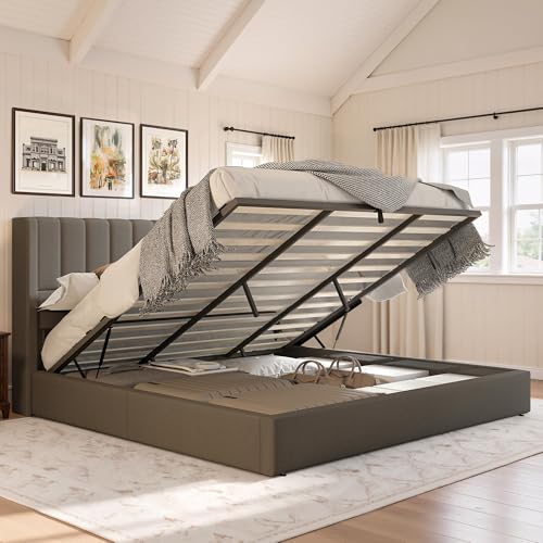 Jocisland King Size Lift Up Storage Bed Frame, Linen Upholstered Platform Bed with Vertical Channel Tufted Headboard and Wingback, Hydraulic System, No Box Spring Needed, Wood Slats Support, Dark Gray Jocisland
