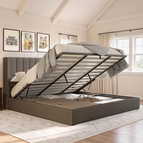 Jocisland King Size Lift Up Storage Bed Frame, Linen Upholstered Platform Bed with Vertical Channel Tufted Headboard and Wingback, Hydraulic System, No Box Spring Needed, Wood Slats Support, Dark Gray Jocisland