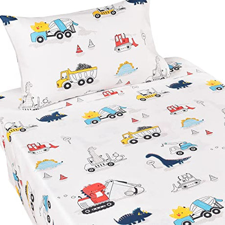 J-pinno Dinosaur Construction Work Digger Cars Vehicle Cute Cozy Fun Twin Sheet Set for Kids Girls Children, 100% Cotton, Flat Sheet + Fitted Sheet + Pillowcase Bedding Set (Dinosaur, Twin) J-pinno