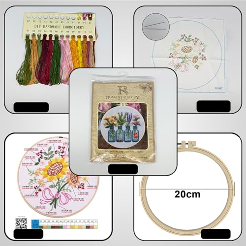 FRANDEK DIY Four Vase Bouquets Embroidery Kit for Beginner, Stamped Handicraft Needlework Set, Full Thread Palette with Needles & Fabric for Adults, Artisan Handmade Home Decor Gift