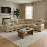 GzhAyyQ Power Reclining Sectional Sofa, Beige Breathing Leather Recliner Couch with LED Light, Cup Holders, Storage Console, Wireless Charging, USB & Type-C for Living Room Home Theater