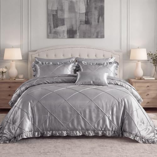 Grey Comforter Set King Sheet Set Silk Like Satin Bedding Set Silky Bed in a Bag 8 Pcs Pinch Pleat Bed Set Home Decor Luxury Hotel Silky Ruffle Comforter with 1 Cushion Cover Bedding_Dreamer