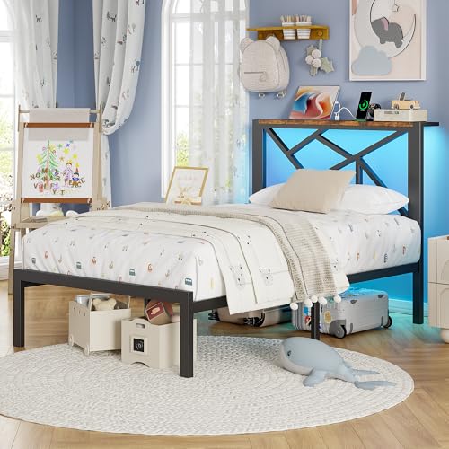 ChicZhiNest Twin Size Black Metal Bed Frame with USB Charging Station, LED Ambient Lighting, and Wooden Storage Headboard - Includes Under-Bed Storage, No Box Spring Needed, Noise Free, Easy Assembly ChicZhiNest