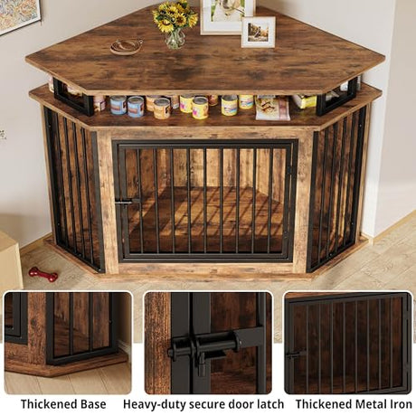 IRONCK 51" Corner Wooden Dog Crate Furniture with 2-Tier Shelves, Pet Kennel for Large Dogs, Space-Saving Dog Cage for TV Stand, Rustic Brown (26.7" L x 51.2" W x 33.5" H) IRONCK