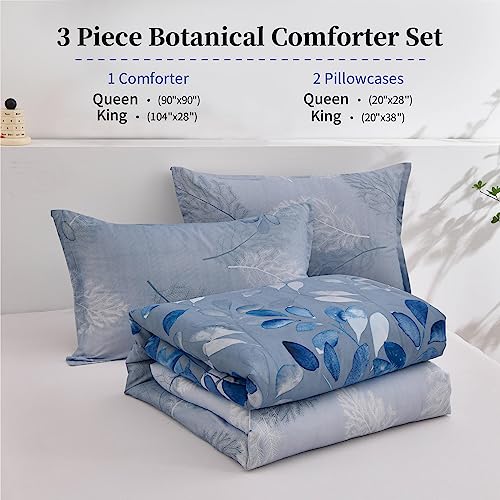 DJY Blue Comforter Set King, Navy Botanical Leaves Comforter for King Bed 3 Pieces Reversible Floral Bed Comforter Sets Soft Microfiber Bedding Set for All Season (104"x90") DJY