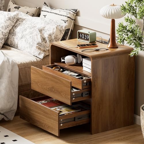 23.8" Modern Nightstand with Hidden Drawers Walnut Night Stand with Charger Station Mid Century Bedside Table Curved Wood Side Table for Bedroom Dorm Oransail