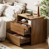 23.8" Modern Nightstand with Hidden Drawers Walnut Night Stand with Charger Station Mid Century Bedside Table Curved Wood Side Table for Bedroom Dorm Oransail