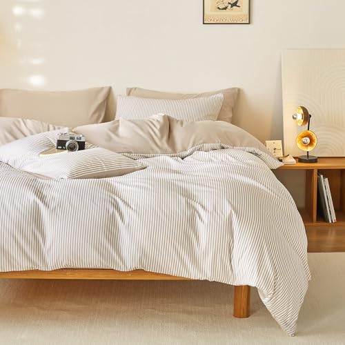 Wake In Cloud - Striped Comforter Set, Ticking Stripe Vertical Pinstripe Neutral Farmhouse Pattern Printed, Soft Lightweight Bedding, 3 Pieces, Light Brown White, Twin/Twin XL Size Wake In Cloud