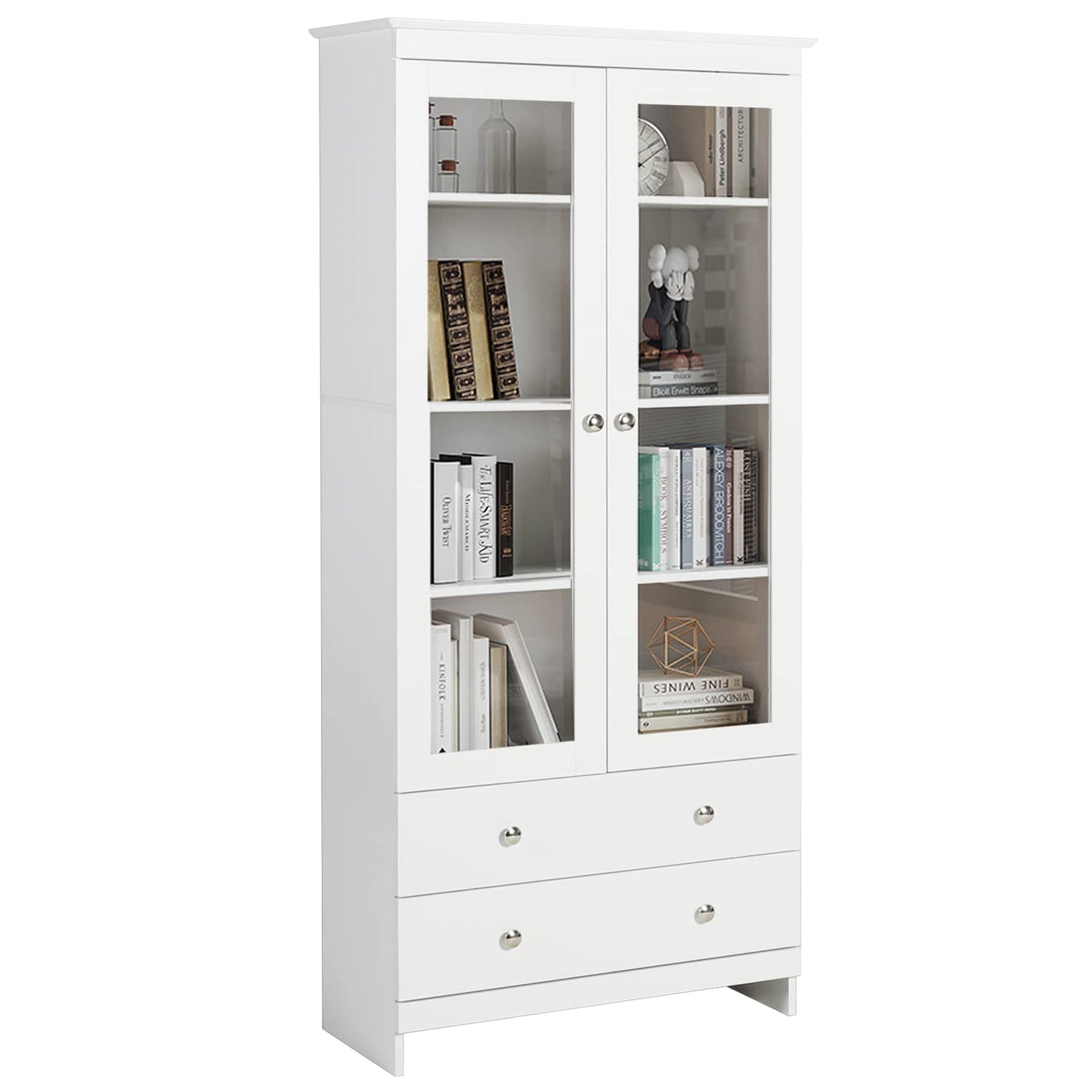 YIGOBUY White Bookcase with Glass Doors Tall Display Cabinet Wooden Bookshelf Organizer for Home Bedroom, Living Room, Office, Curio Cabinet Freestanding Kitchen Pantry