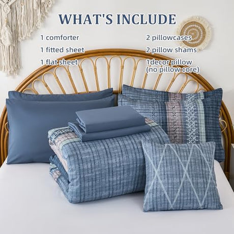Dintszyayue Blue Comforter Set King Size, 8 Pieces Boho Striped Bed in a Bag Soft Microfiber Bedding Set for All Season Dintszyayue