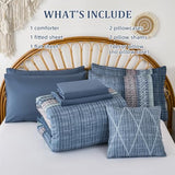 Dintszyayue Blue Comforter Set Queen Size, 8 Pieces Boho Striped Bed in a Bag Soft Microfiber Bedding Set for All Season Dintszyayue