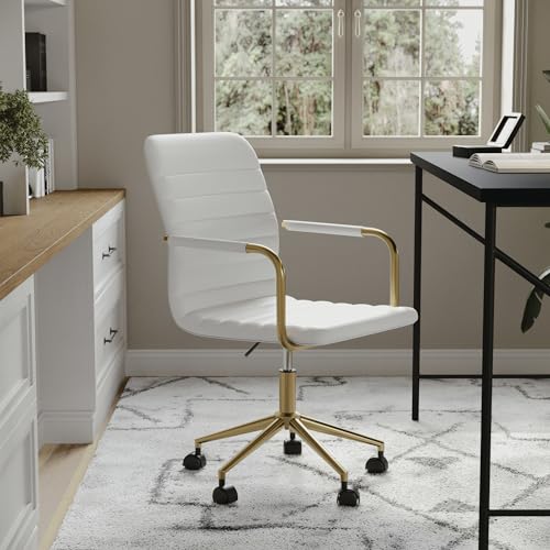 Martha Stewart Taytum Swivel Task Chair with Armrests for Home Office in White Faux Leather with Polished Brass Frame Martha Stewart