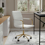 Martha Stewart Taytum Swivel Task Chair with Armrests for Home Office in White Faux Leather with Polished Brass Frame Martha Stewart