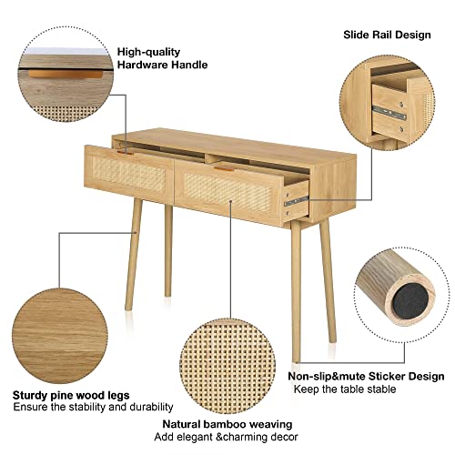 LAZZO 39" Console Table, Oak Grain Sofa Table with Wood Frame, Rustic Hallway Table with 2 Bamboo Weaving Storage Drawers for Foyer Living Room Entryway LAZZO