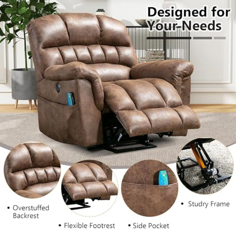 HAOMARKETS Oversized Power Lift Recliner with Massage and Heat for Elderly, Faux Leather Electric Lifting Reclining Chair with Side Pockets and USB Port for Living Room, Brown HAOMARKETS