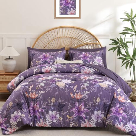 Drucon Floral Comforter Set King Size 7 Piece, Purple Flower Bed in a Bag, Elegant Floral Comforter with Sheet Set, Soft Microfiber Bedding Set for All Season Drucon