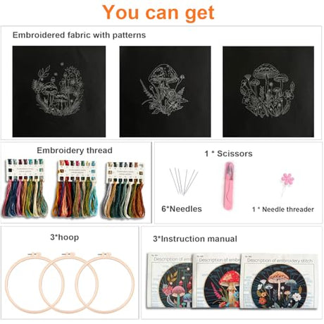 Myfelicity Embroidery Kit with Mushroom Patterns, 3 Hoops, Fabric, Threads, Needles, Instructions (Colorful) Myfelicity