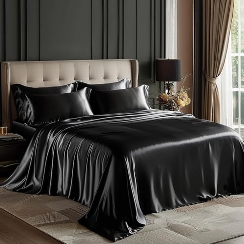Love's cabin Full Size Satin Sheet Sets - 4 Piece Black Silky Sheet Set with Deep Pocket, Luxury Silk Feel Bed Sheets Full Bedding Set (1 Flat Sheet,1 Fitted Sheet,2 Pillow Cases) Love's cabin