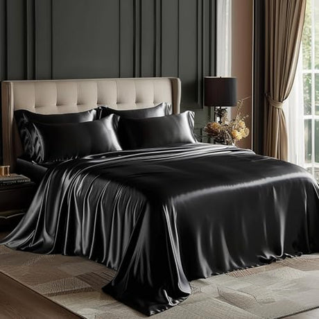 Love's cabin Twin Satin Sheets Sets - 3 Piece Black Silky Bed Sheets with Deep Pockets, Luxury Silk Feel Satin Twin Size Sheet Set Bedding Set (1 Flat Sheet,1 Fitted Sheet,1 Pillow case) Love's cabin