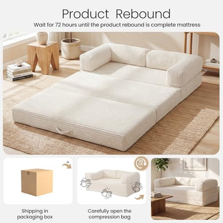 Tri-Folding Mattress Queen Futon Sofa Bed, Convertible Tri Fold Mattress Foldable with Removable Armrests & Washable Cover, 5-Inch Floor Mattress with High-Density Foam, Small Couch Bed, Beige Erament