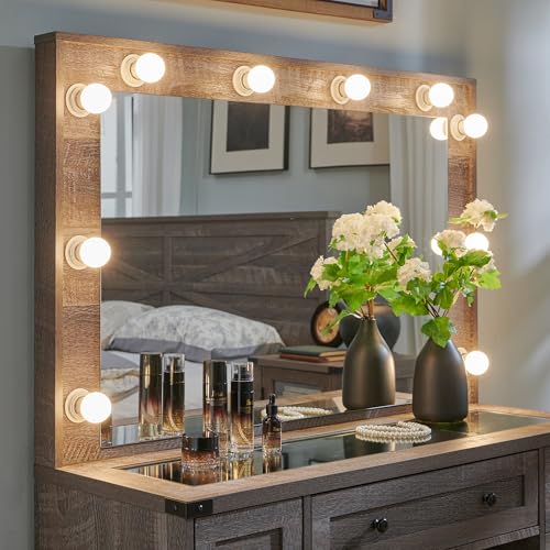 JXQTLINGMU Farmhouse Makeup Vanity Desk with Mirror and Lights, 43'' Glass Tabletop Vanity Table with 3 Drawers & Shelves, Rustic Large Vanity Set for Bedroom, Stool Included, Grey - WoodArtSupply