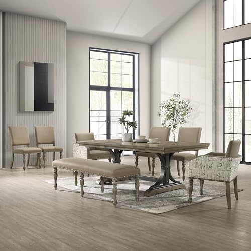 Roundhill Furniture Birmingham 8-Piece Dining Set: Extendable Table with 4 Side Chairs, 2 Armchairs, and a Nailhead Bench, Driftwood Finish Roundhill Furniture