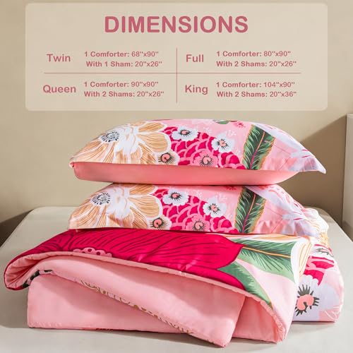 Tyrot Pink Boho Floral King Comforter Set - 3 Piece Farmhouse Botanical Bedding Comforter Sets for All Season Soft Lightweight Mid Century Modern Bed Set, (1 Reversible Comforter and 2 Pillow Shams Tyrot