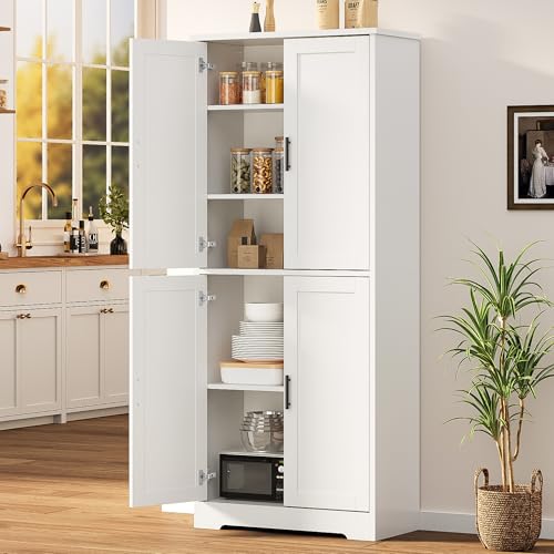 GarveeHome Pantry Cabinet, Freestanding Kitchen Pantry Storage Cabinet,70 in Cupboard, Tall Storage Cabinet with Doors and Adjustable Shelves,for Bathroom, Dining Room, Living Room (White-Classic) GarveeHome