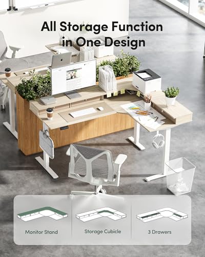 FEZIBO L Shaped Electric Standing Desk, 63 x 48inch Large with Drawers | Reversible Tabletop, 2 Memory Height Settings | Home Office & Gaming Height-Adjustable Table, Light Walnut （2 Packages） FEZIBO