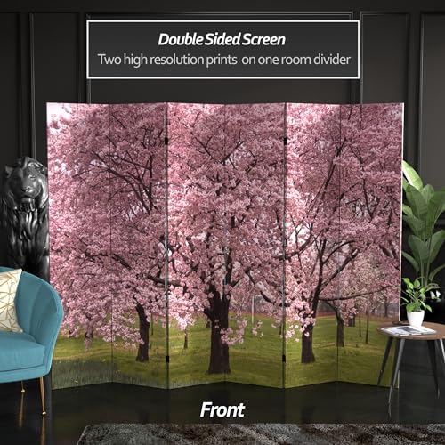 Red Lantern 6 ft. Tall Double Sided Cherry Blossoms Canvas Room Divider 6 Panel Freestanding Folding Privacy Screen, Partition, and Separator for Modern and Contemporary Bedroom, Home Office, Studio Red Lantern