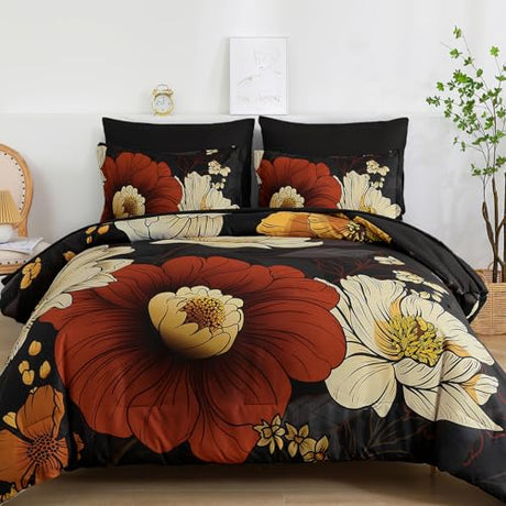 Xruibed Black Floral Comforter Set Queen Size 7 Pieces Bed in a Bag Flower Bedding Sets Lightweight Boho Bed Set with Sheet,Pillowcases&Shams for All Season Xruibed