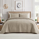 BOURINA Ultrasonic Quilt Set Bedspreads 3-Piece Bedding Set Pre-Washed Microfiber Ultra Soft Lightweight Flower Coverlet Set for All Season, King Beige BOURINA