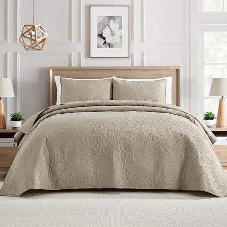 BOURINA Ultrasonic Quilt Set Bedspreads 3-Piece Bedding Set Pre-Washed Microfiber Ultra Soft Lightweight Flower Coverlet Set for All Season, King Beige BOURINA
