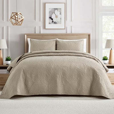 BOURINA Ultrasonic Quilt Set Bedspreads 3-Piece Bedding Set Pre-Washed Microfiber Ultra Soft Lightweight Flower Coverlet Set for All Season, King Beige