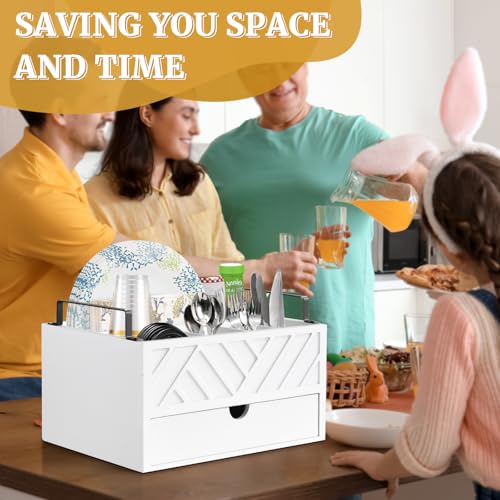 Paper Plate Dispenser with Drawer, Paper Plate Holder for Kitchen Counter, Wood Rustic Silverware Utensil Caddy, Cutlery Flatware Organizer for Cup Spoon Fork Plates Napkins, White Kitchen Accessories Zecela