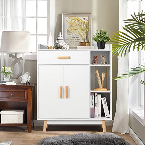 Giantex Floor Storage Cabinet Free Standing Cupboard with 1 Drawer, 2 Doors, 3 Shelves & 4 Rubber Wood Legs for Home Office Sideboard Storage Organizer, White - WoodArtSupply