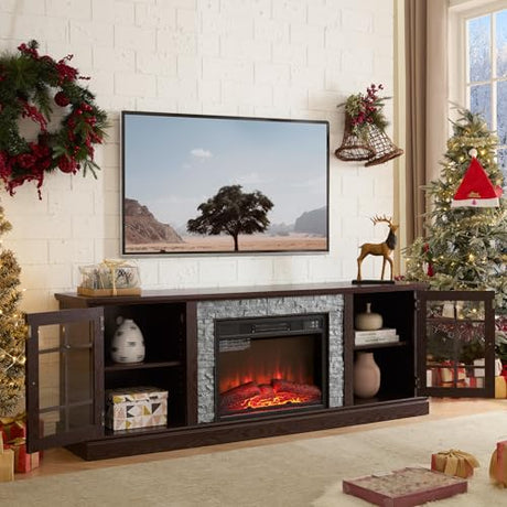 70" W Modern Electric Fireplace with Mantel, Fireplace TV Stand with Realistic Stacked Stone, 3D Flame Effect, Entertainment Center for TVs Up to 75", TV Console Table for Living Room (70" W & Cherry) Eyisean
