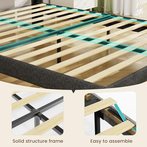 Driftalia King Size Bed Frame with 2-Tier Storage Headboard, Upholstered King Bed Frame with 2 Drawers, Charging Station and LED Lights, No Box Spring Needed, Easy Assembly - Dark Grey Driftalia