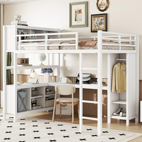 Harper & Bright Designs Full Loft Bed with Desk, Metal Loft Beds with Storage Shelves, Desk, and Wardrobe, Heavy-Duty Loft Bed Frame for Kids, Teens, Adults, Space-Saving and Noise-Free Design, White Harper & Bright Designs