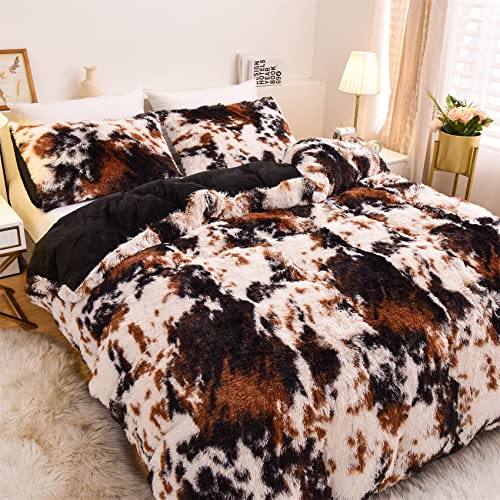 Aimuan Cow Print Duvet Cover Shaggy Fluffy Tie Dye Brown Black Velvet Bedding Set Super Soft Faux Fur Fuzzy Comforter Cover with Pillowcases (Coffee-Black, King) Aimuan