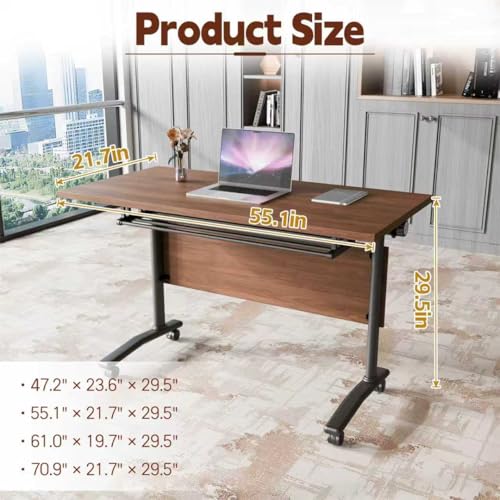 6Packs Folding Conference Table with Silent Wheels,Mobile Flip Top Meeting Room Table for Office Training and Classroom,Foldable Modular Rolling Desk for Home Office,Walnut Space-Saving Rectangular JFazzruit