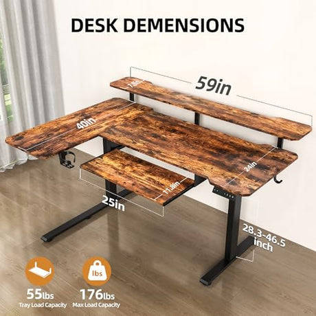 Acrolix 59 Inch L Shaped Standing Desk with Shelves and Keyboard, Electric Corner Standing Desk Adjustable Height, Sit Stand Computer Table with Reversiable Splice Board，Rustic Brown Acrolix