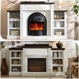 78" Birdcage-Style Electric Fireplace with Mantel, 46" Tall Fireplace TV Stand for 90" TV, Farmhouse Entertainment Center with Storage & Replaceable Insert Heater for Living Room, White+Walnut SOOWERY
