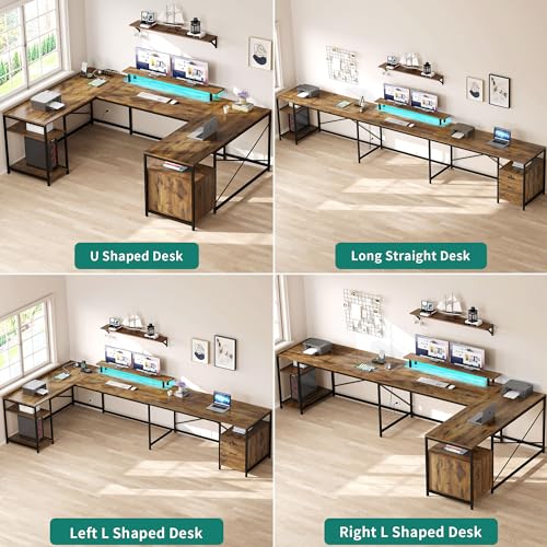 YITAHOME U Shaped Desk with Power Outlets & LED Lights, 79" Reversible L Shaped Desk with Drawers, Corner Computer Desk Office Desk with Monitor Stand & Storage Shelves, Rustic Brown YITAHOME