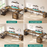YITAHOME U Shaped Desk with Power Outlets & LED Lights, 79" Reversible L Shaped Desk with Drawers, Corner Computer Desk Office Desk with Monitor Stand & Storage Shelves, Rustic Brown YITAHOME