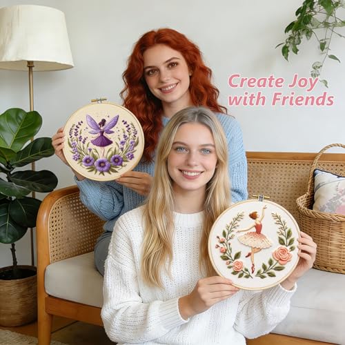 Embroidery Kit for Adults, Pre-Stamped Pattern Embroidery Kit for Beginners, Needlepoint Starter Kit with Hoop Thread Needle Instruction, 7.9'' Hoop (Flower Fairy 3 Packs)